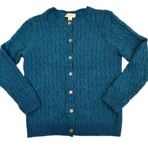 Appleseeds Sz M Teal 100% Wool Cable Knit Cardigan Button Front Cottagecore